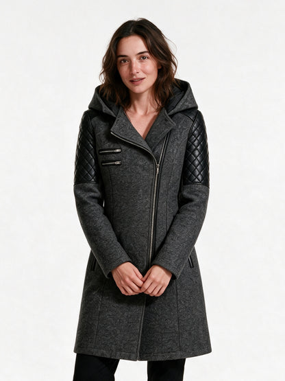 Vera - Women's Hooded Asymmetric Zip Coat with Quilted Shoulders - Dark Gray