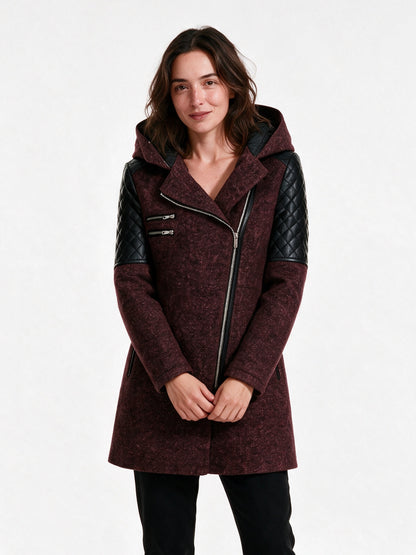 Vera - Women's Hooded Asymmetric Zip Coat with Quilted Shoulders - Wine Red