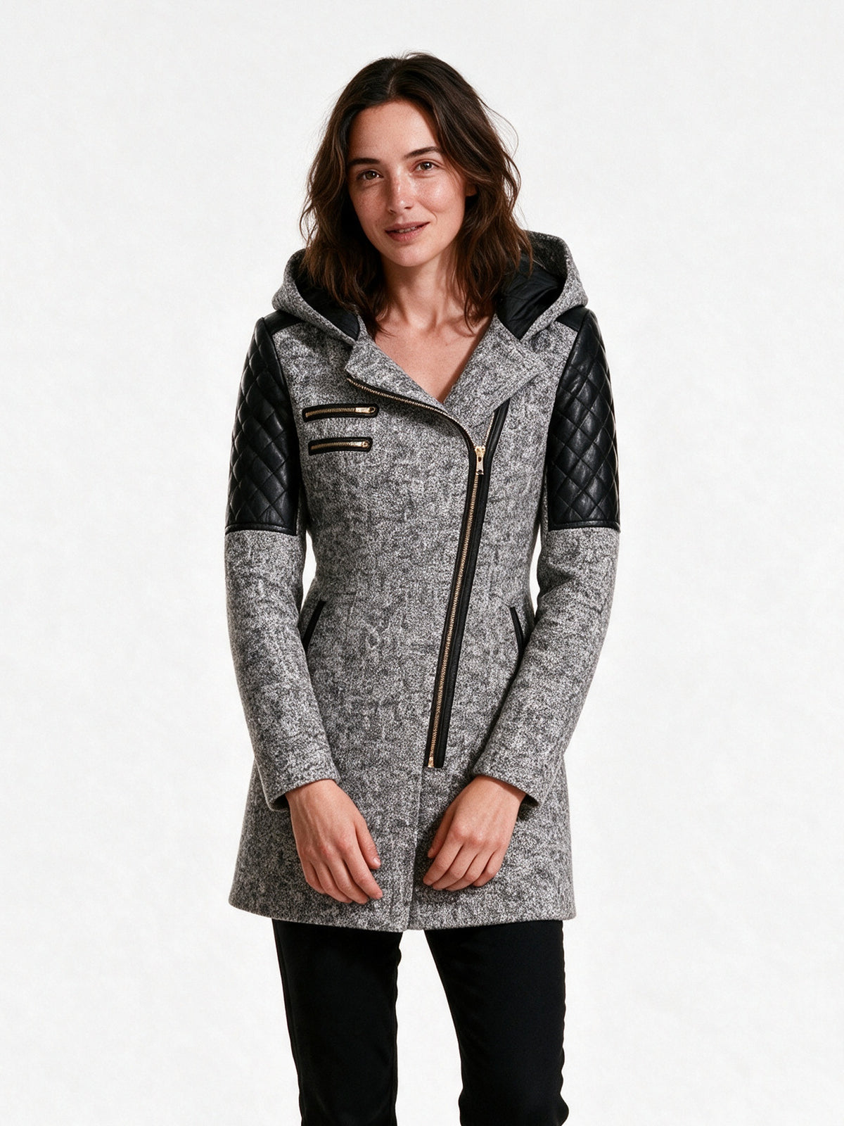 Vera - Women's Hooded Asymmetric Zip Coat with Quilted Shoulders - view 1