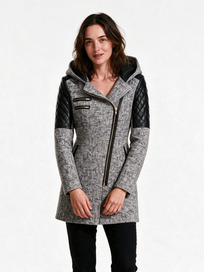 Vera - Women's Hooded Asymmetric Zip Coat with Quilted Shoulders - view 1