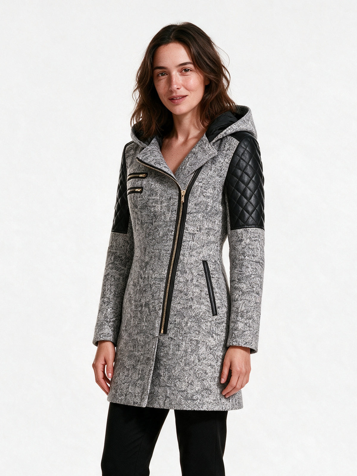 Vera - Women's Hooded Asymmetric Zip Coat with Quilted Shoulders - view 2