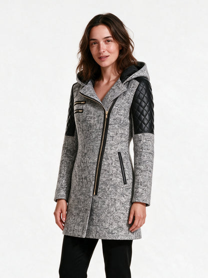 Vera - Women's Hooded Asymmetric Zip Coat with Quilted Shoulders - view 2