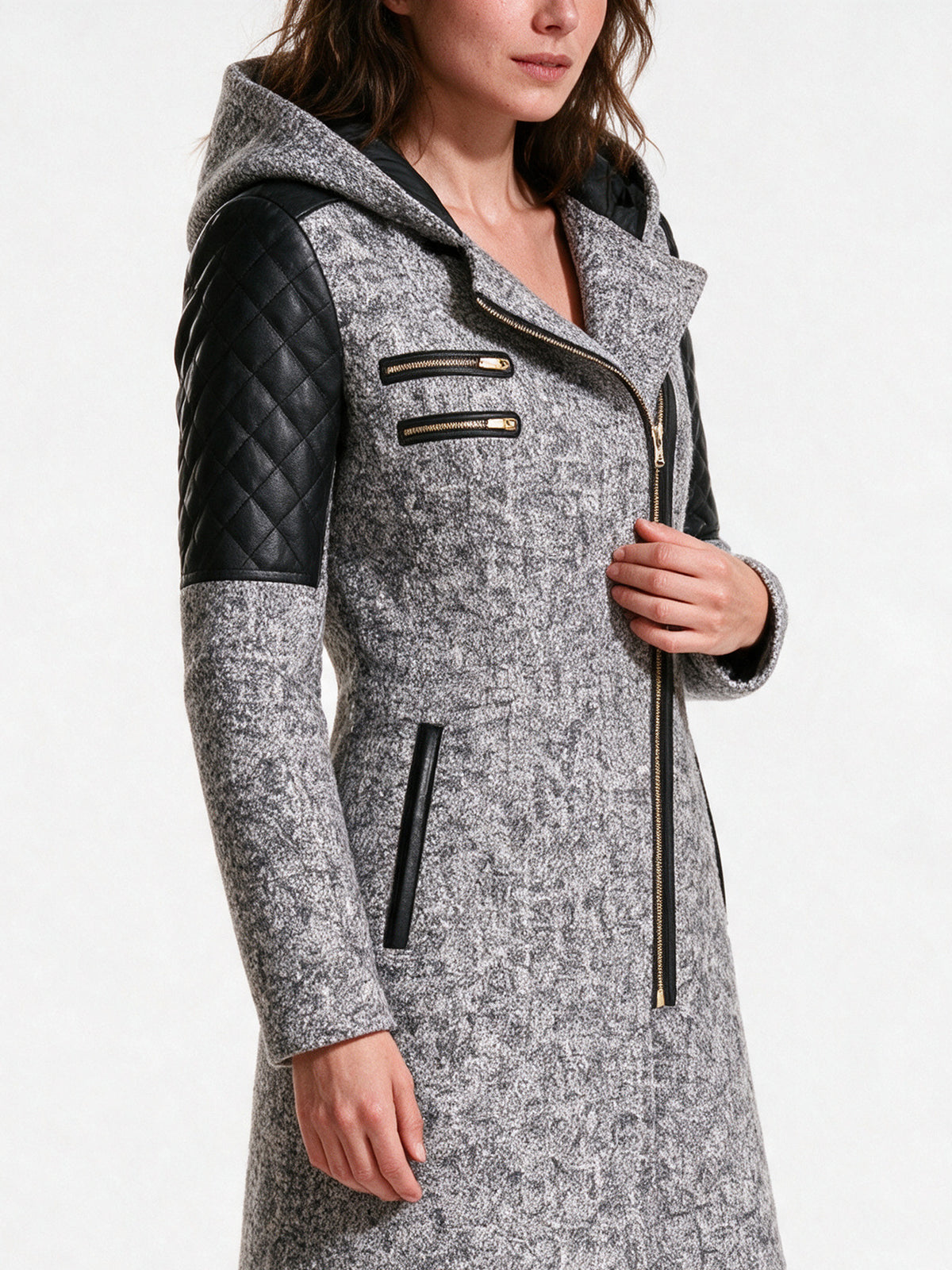Vera - Women's Hooded Asymmetric Zip Coat with Quilted Shoulders - view 3