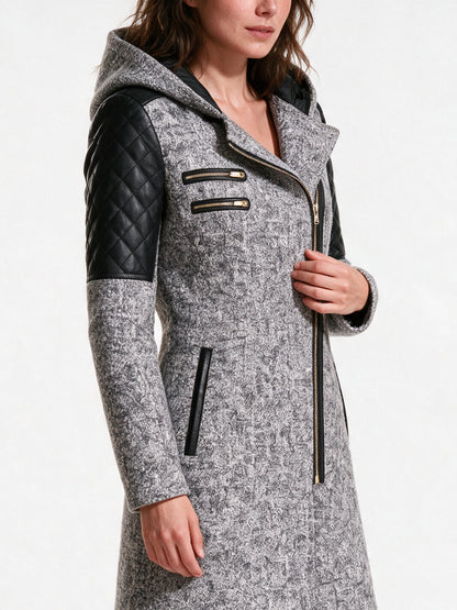 Vera - Women's Hooded Asymmetric Zip Coat with Quilted Shoulders - view 3