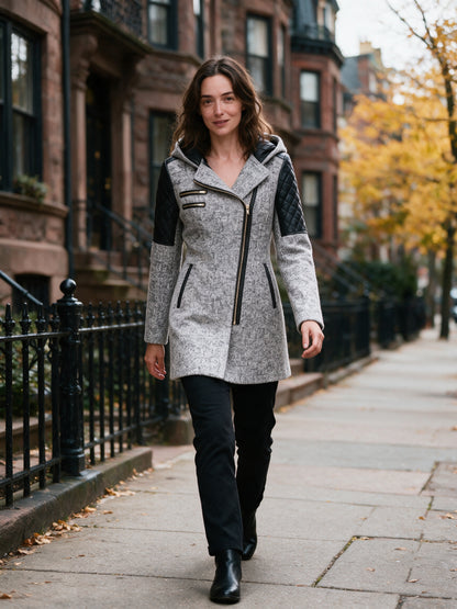 Vera - Women's Hooded Asymmetric Zip Coat with Quilted Shoulders - view 4