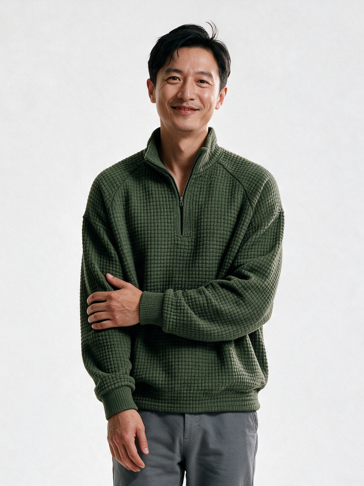 Viggo - Men's Waffle Knit Quarter Zip Pullover - Army Green