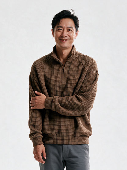 Viggo - Men's Waffle Knit Quarter Zip Pullover - Brown