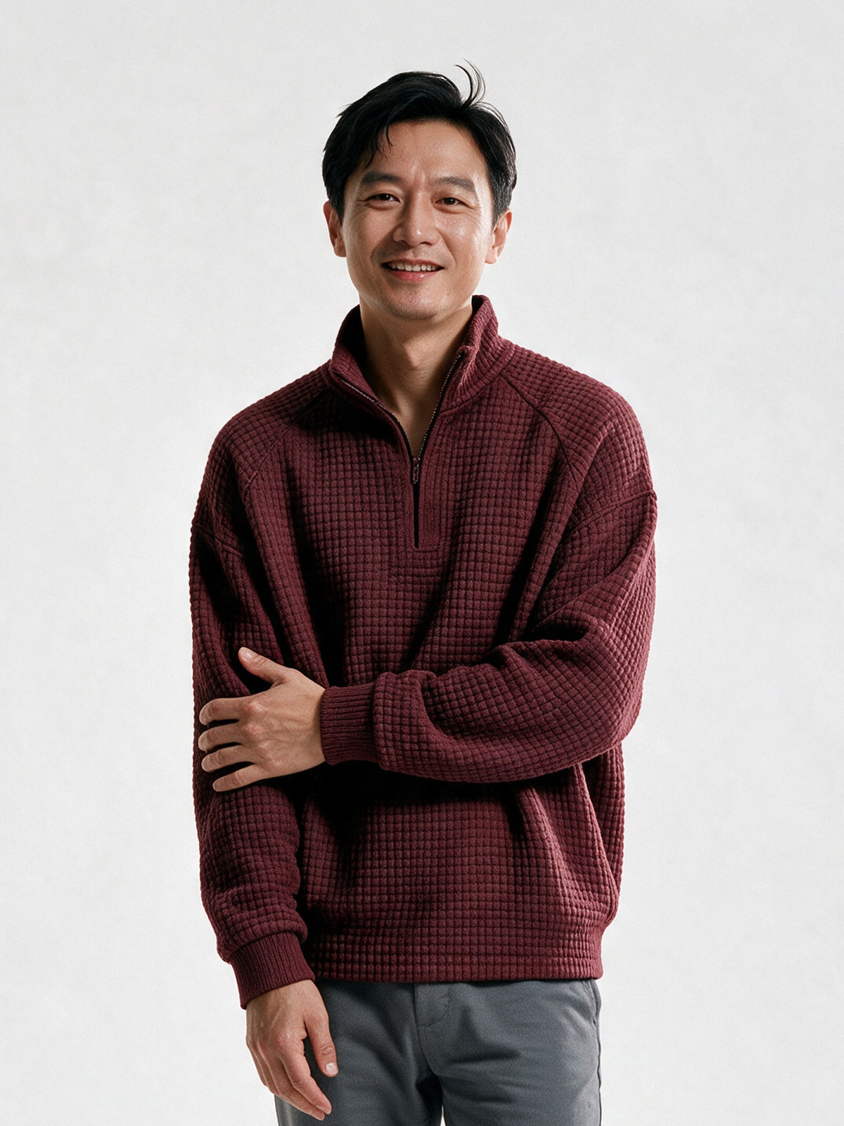Viggo - Men's Waffle Knit Quarter Zip Pullover - Burgundy