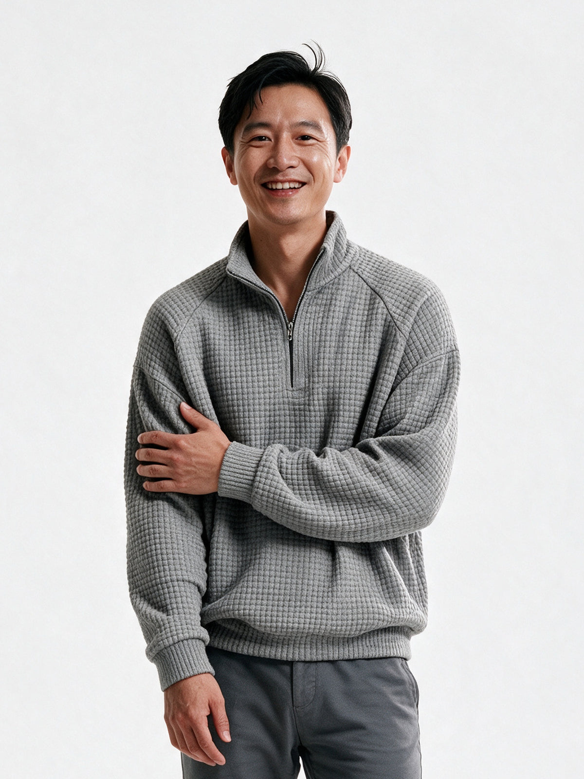 Viggo - Men's Waffle Knit Quarter Zip Pullover - Grey