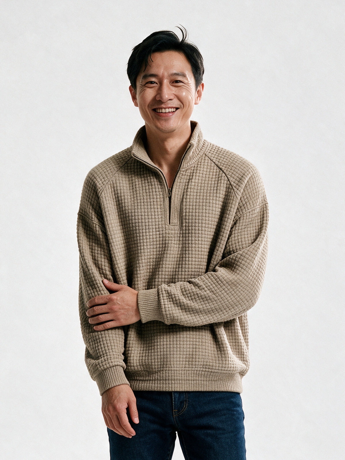 Viggo - Men's Waffle Knit Quarter Zip Pullover - Khaki