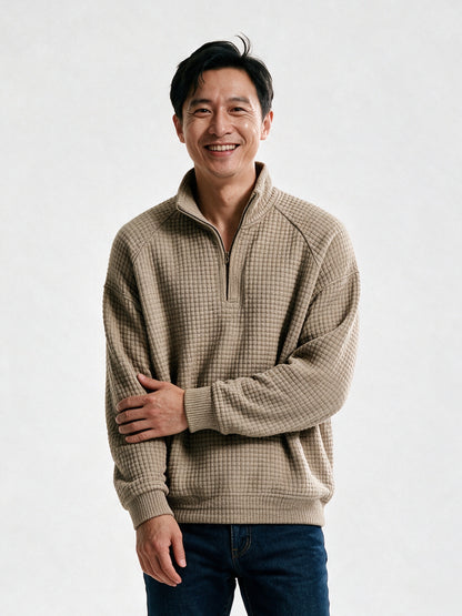 Viggo - Men's Waffle Knit Quarter Zip Pullover - Khaki