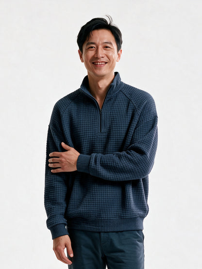 Viggo - Men's Waffle Knit Quarter Zip Pullover - Navy