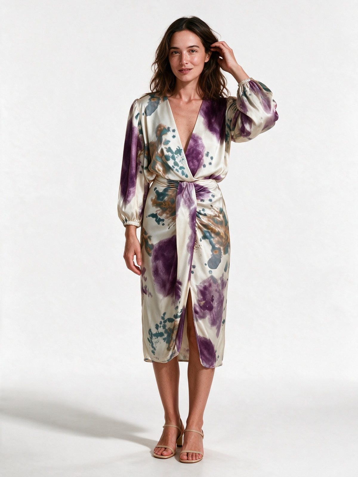 Viola - Draped Wrap V-Neck Long Sleeve Midi Dress - view 1
