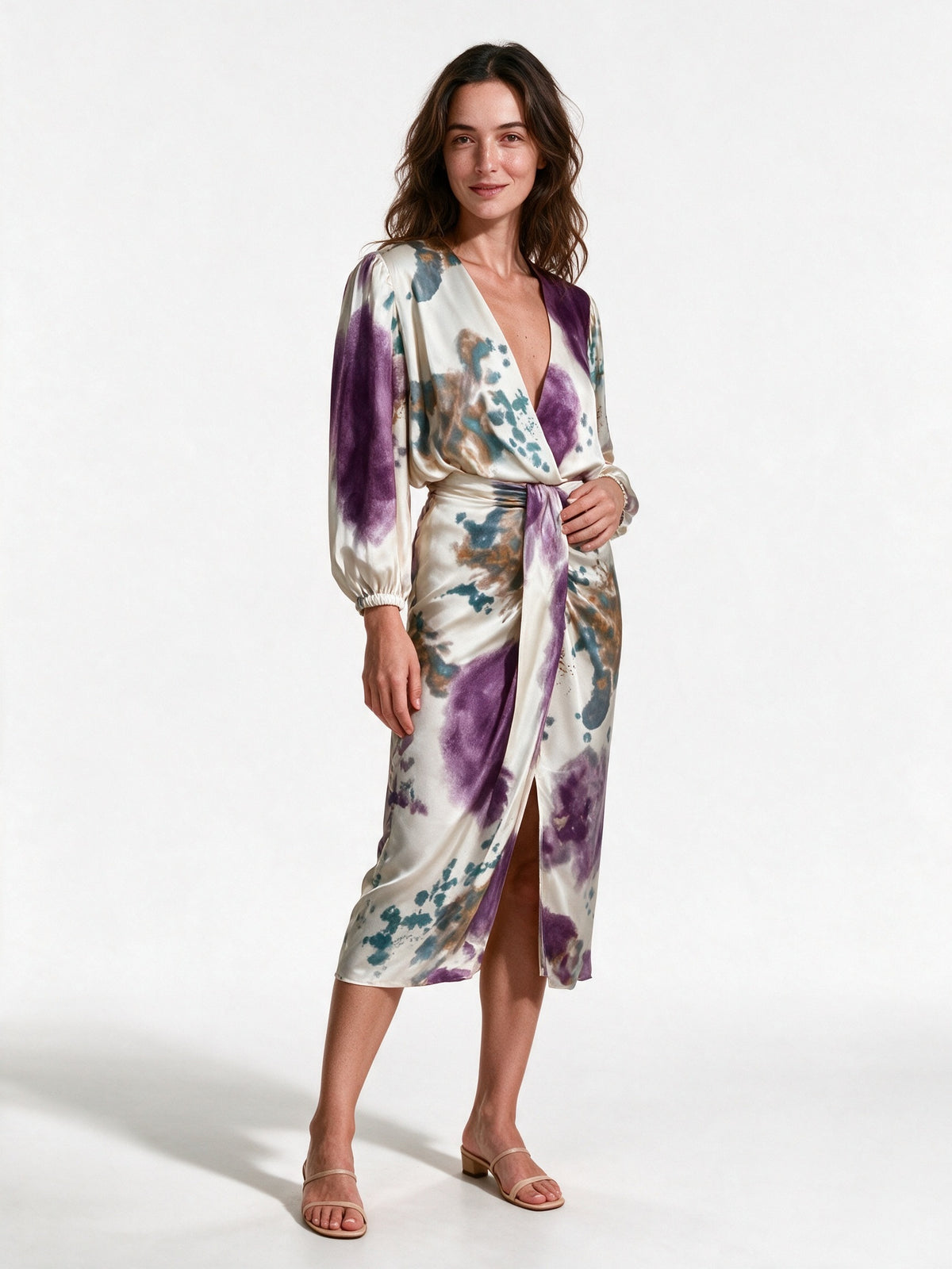 Viola - Draped Wrap V-Neck Long Sleeve Midi Dress - view 2
