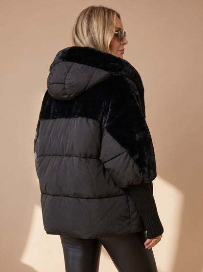 Layla - Plush Panel Hooded Puffer Jacket