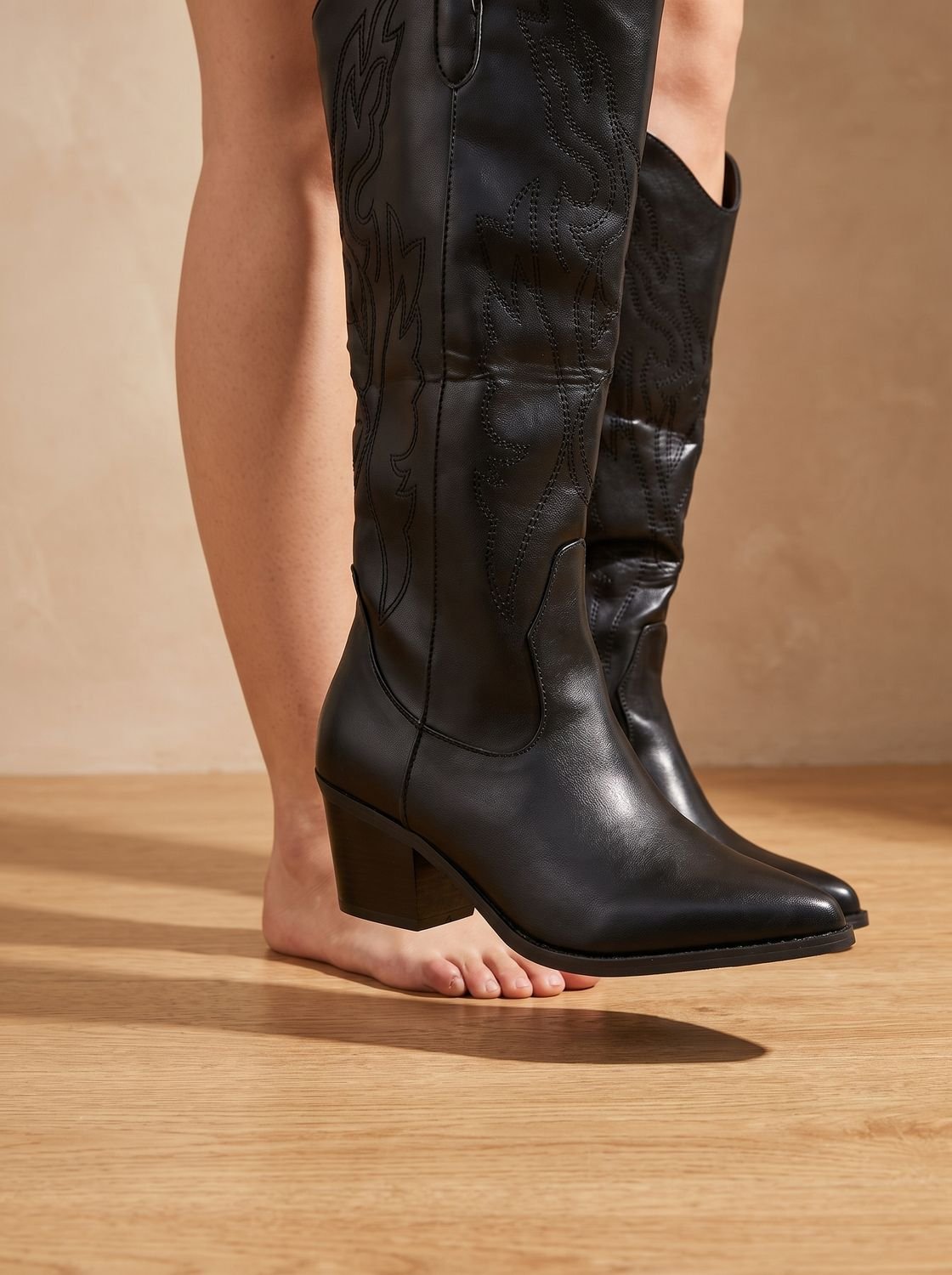 Mia - Wide Calf Embroidered Western Knee High Boots