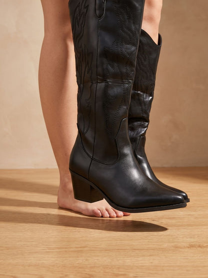 Mia - Wide Calf Embroidered Western Knee High Boots