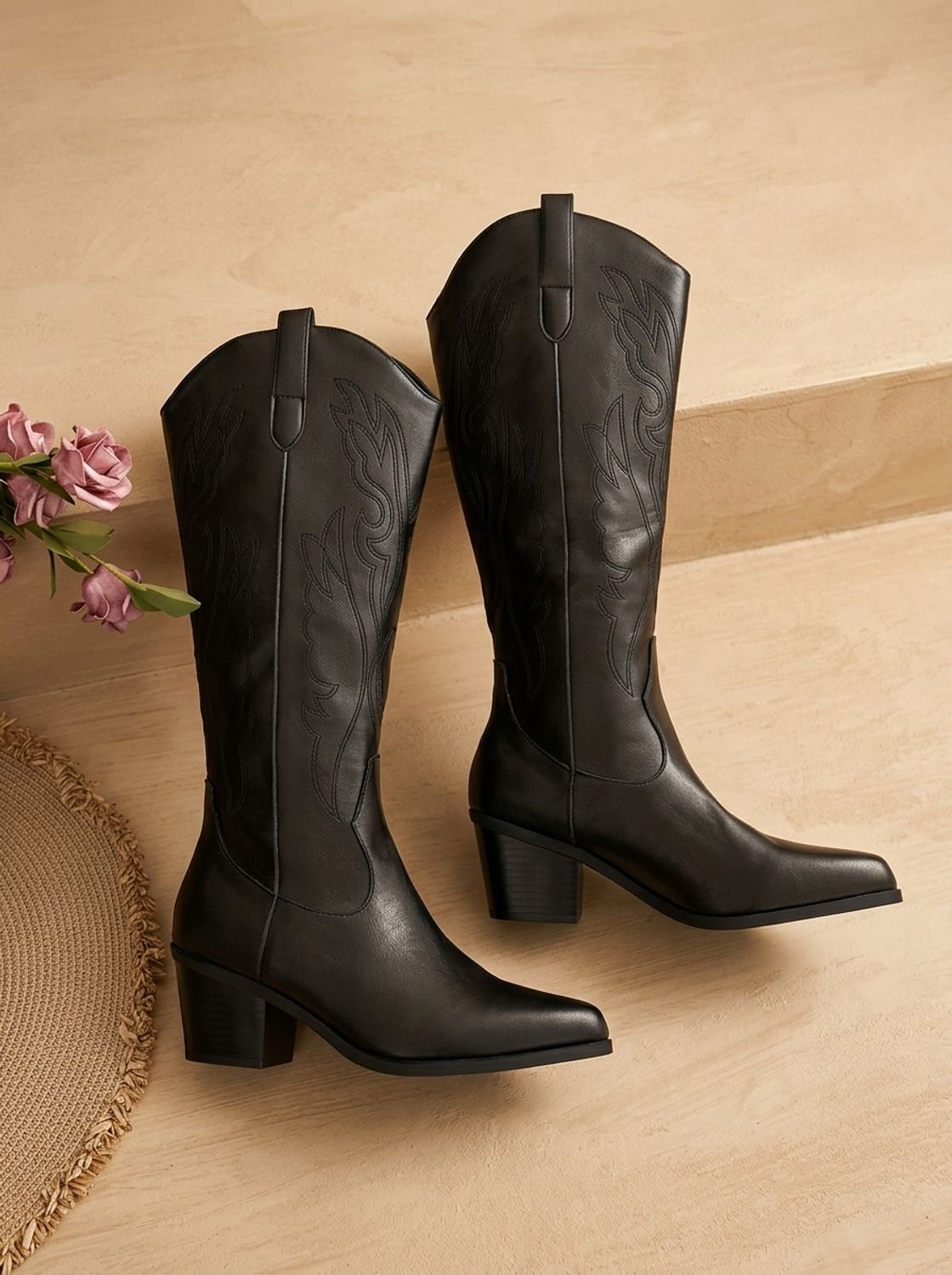 Mia - Wide Calf Embroidered Western Knee High Boots