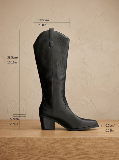 Mia - Wide Calf Embroidered Western Knee High Boots