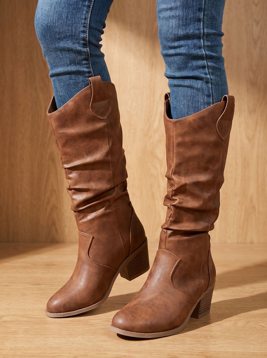 Aria - Wide Calf Slouch Pull-On Western Knee High Boots
