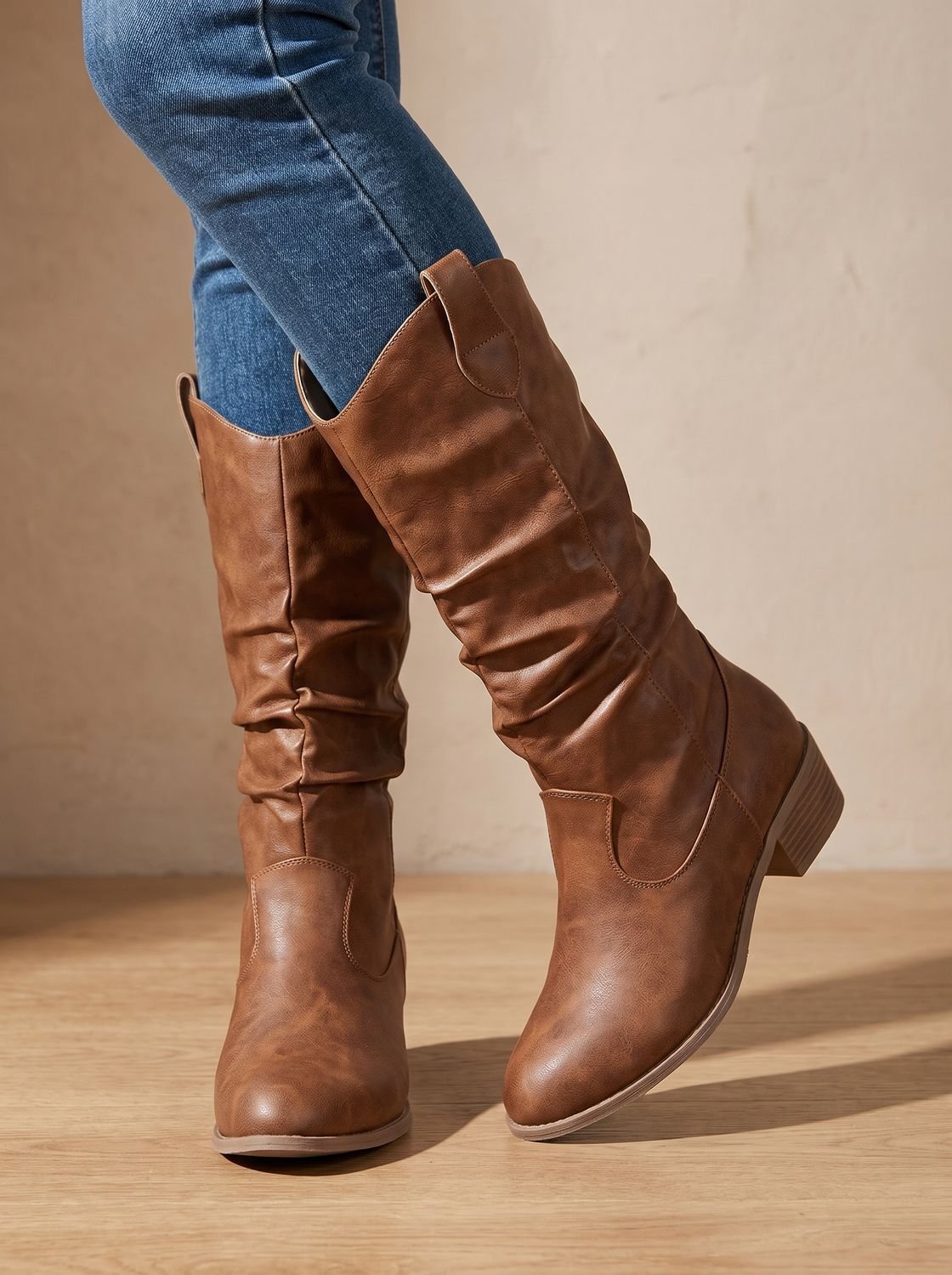 Aria - Wide Calf Slouch Pull-On Western Knee High Boots