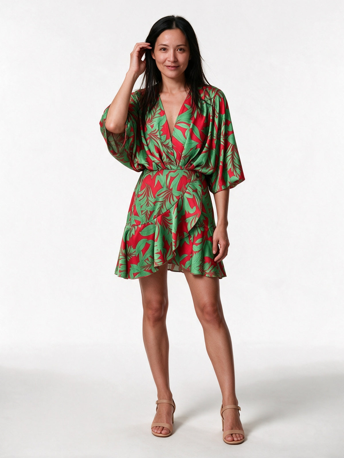 Ximena - Women's Printed Wrap Mini Dress with Batwing Sleeves - Green