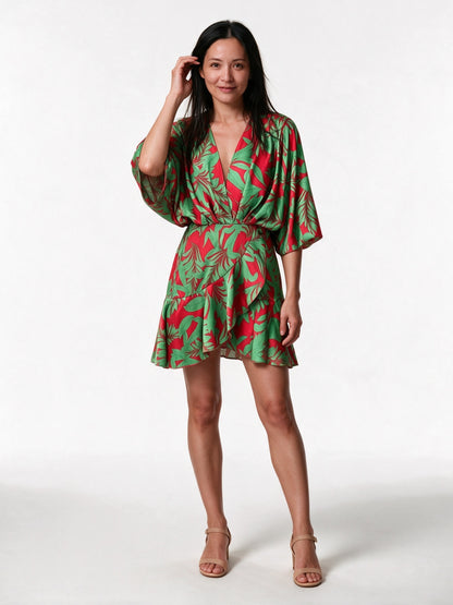Ximena - Women's Printed Wrap Mini Dress with Batwing Sleeves - Green