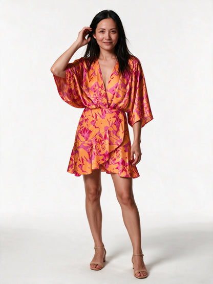 Ximena - Women's Printed Wrap Mini Dress with Batwing Sleeves - Orange
