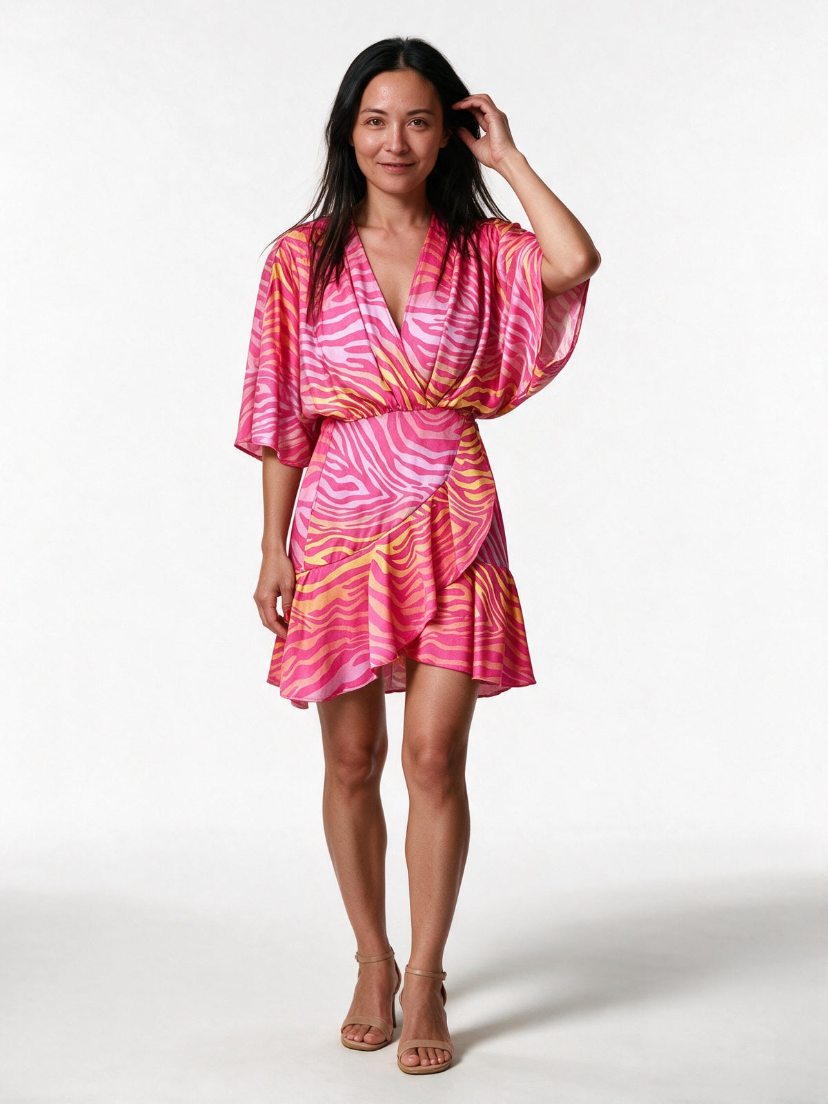 Ximena - Women's Printed Wrap Mini Dress with Batwing Sleeves - Pink