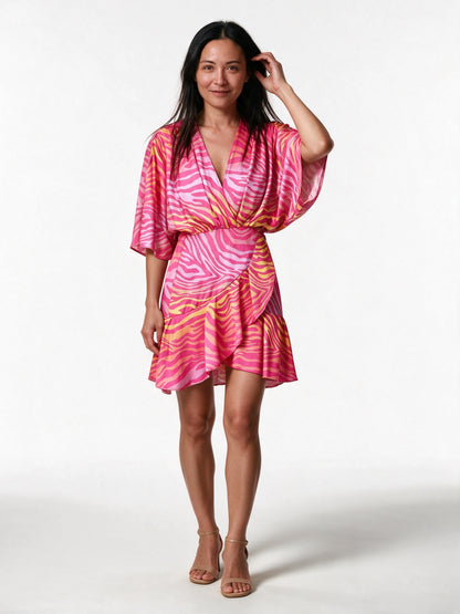 Ximena - Women's Printed Wrap Mini Dress with Batwing Sleeves - Pink