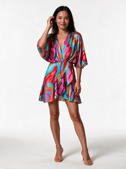 Ximena - Women's Printed Wrap Mini Dress with Batwing Sleeves - view 1