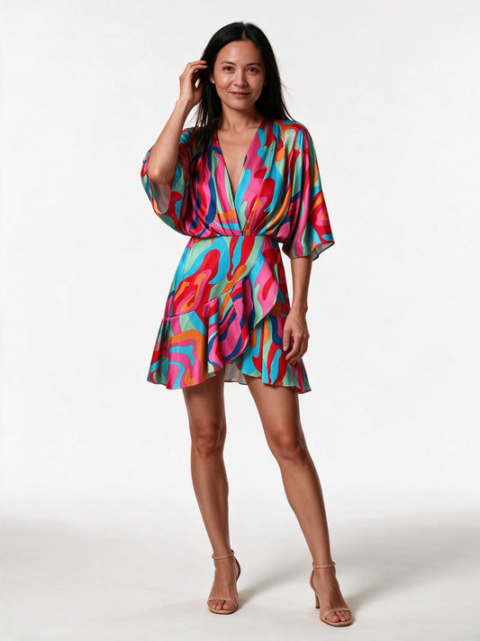 Ximena - Women's Printed Wrap Mini Dress with Batwing Sleeves - view 1