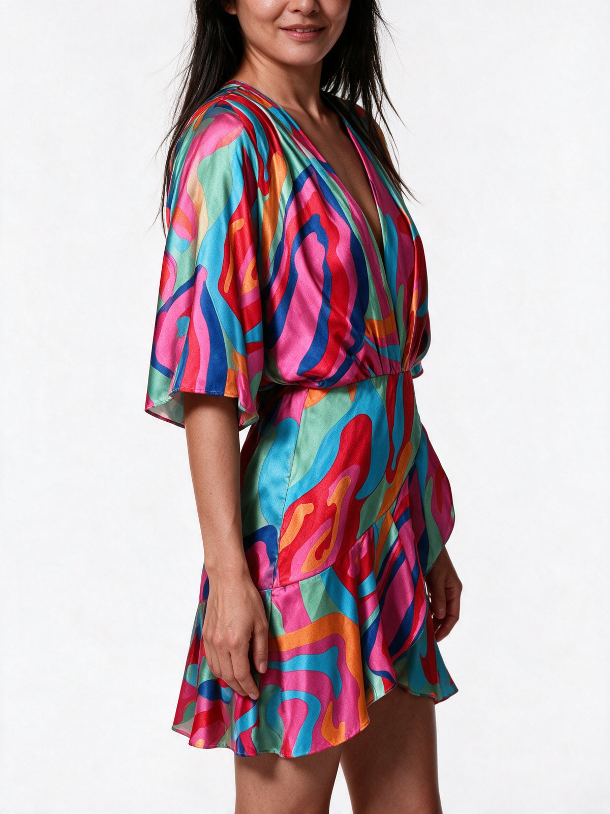 Ximena - Women's Printed Wrap Mini Dress with Batwing Sleeves - view 3