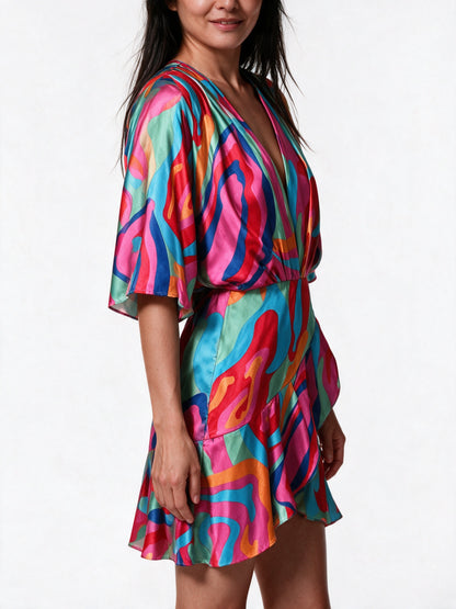 Ximena - Women's Printed Wrap Mini Dress with Batwing Sleeves - view 3