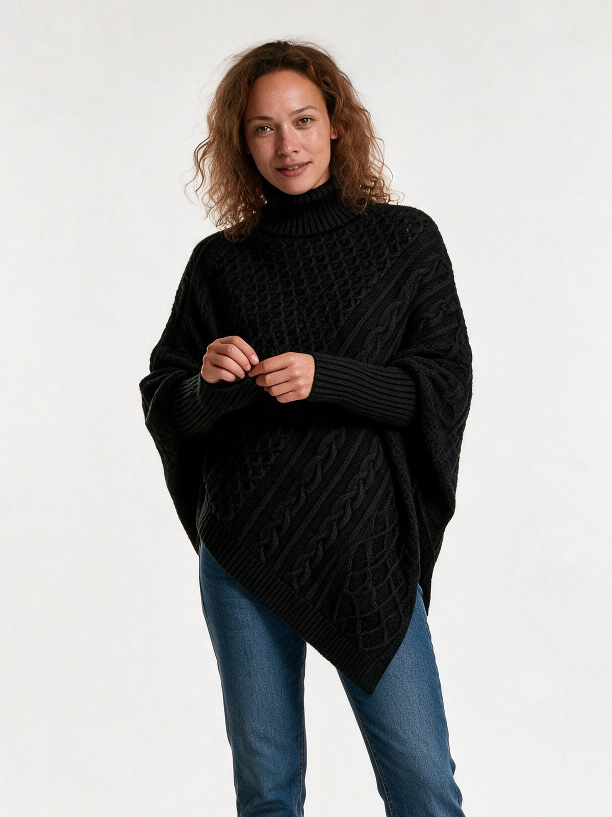 Ysolde - Women's Cable Knit Turtleneck Poncho Sweater - Black