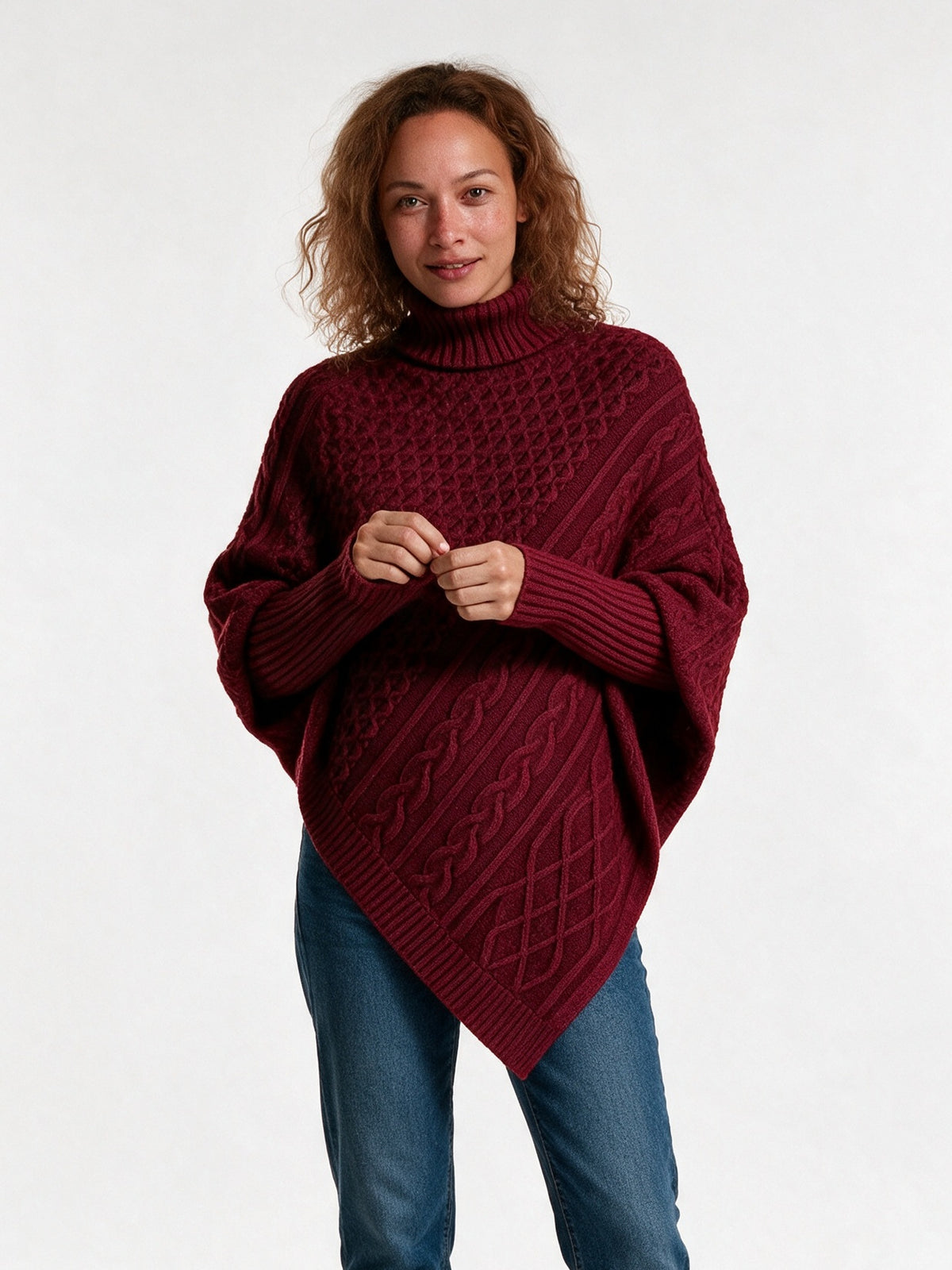 Ysolde - Women's Cable Knit Turtleneck Poncho Sweater - Burgundy