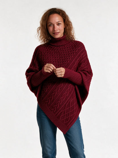 Ysolde - Women's Cable Knit Turtleneck Poncho Sweater - Burgundy