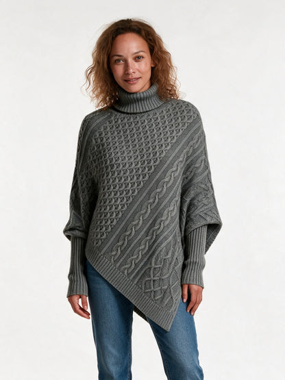 Ysolde - Women's Cable Knit Turtleneck Poncho Sweater - Grey