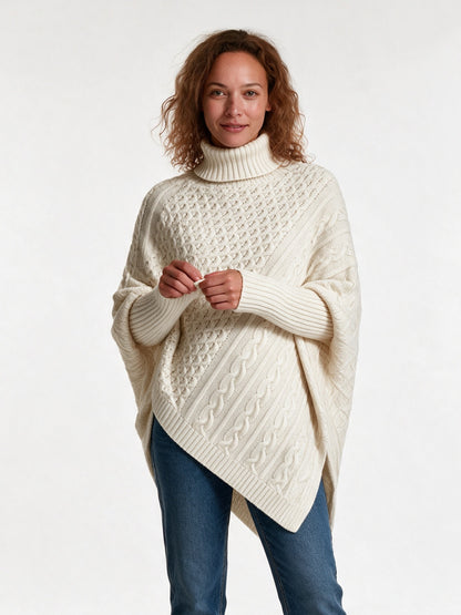 Ysolde - Women's Cable Knit Turtleneck Poncho Sweater - Ivory
