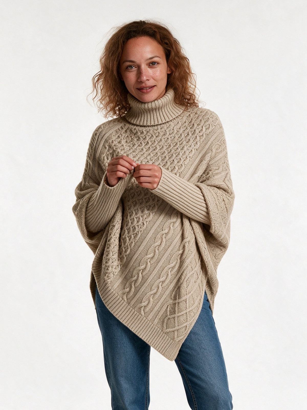 Ysolde - Women's Cable Knit Turtleneck Poncho Sweater - Oatmeal