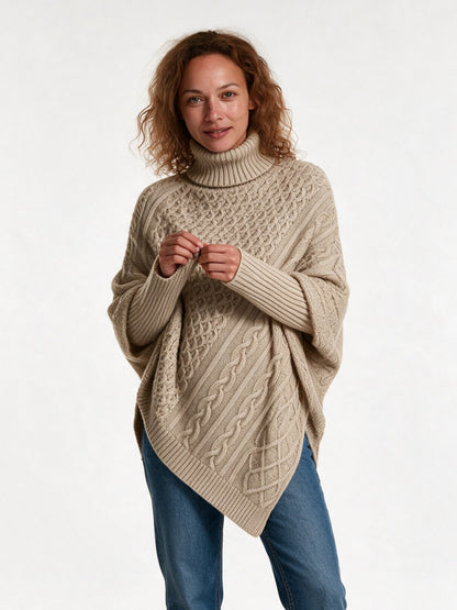 Ysolde - Women's Cable Knit Turtleneck Poncho Sweater - Oatmeal